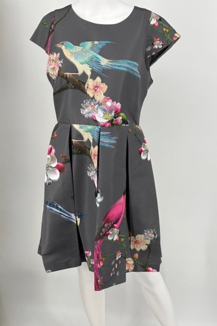 Ted Baker Zaldana Flight of the Orient Dress Sz 2 Mini Pleated Grey Bird Floral